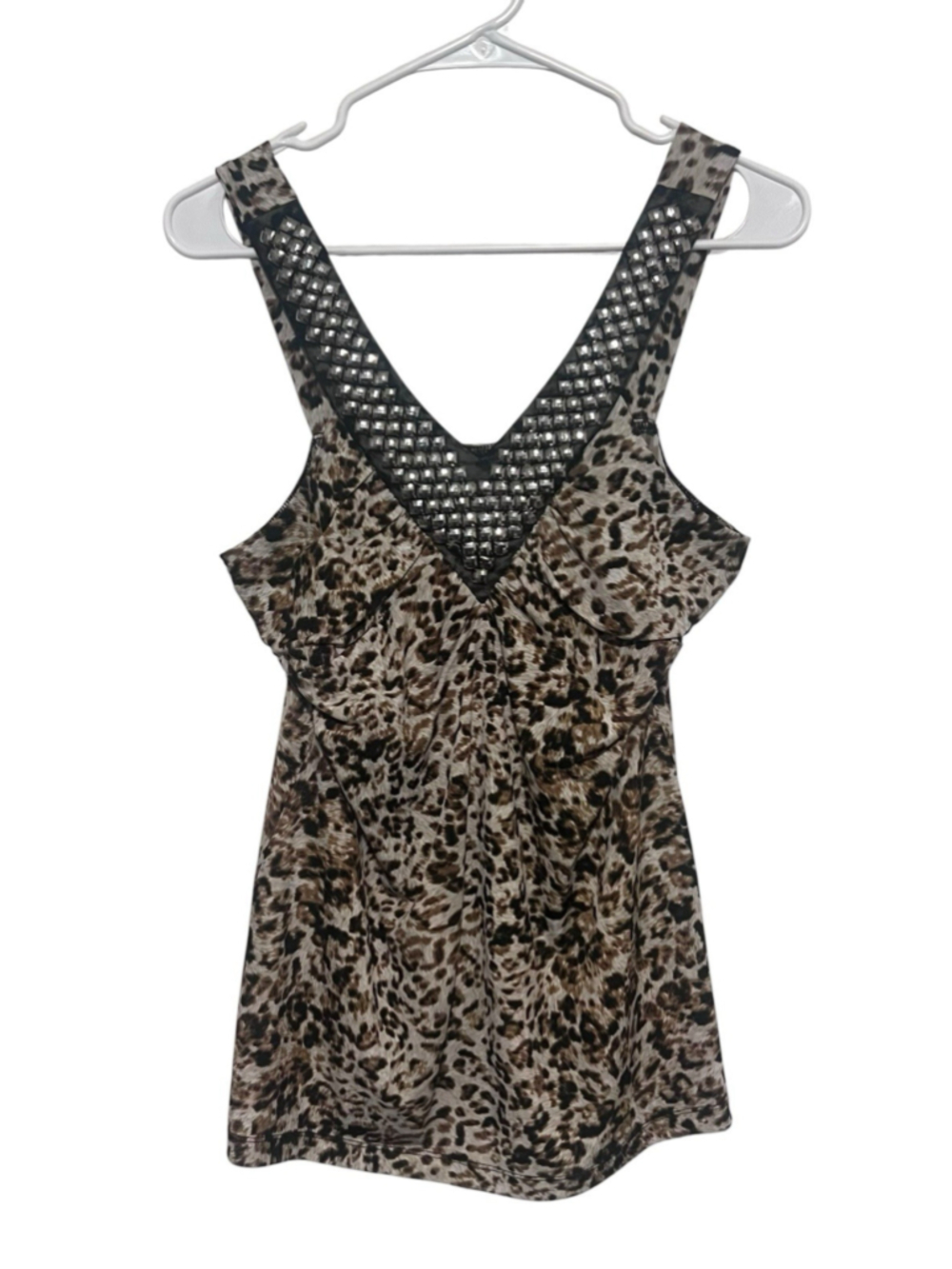 Cato Leopard Sleeveless Top Women's Medium Embellished Y2K Beaded Bling Tank